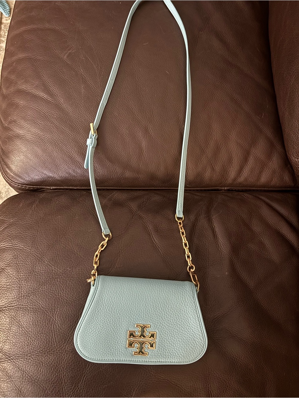 Tory Burch Pale Blue Pebbled Leather Crossbody with Gold Logo